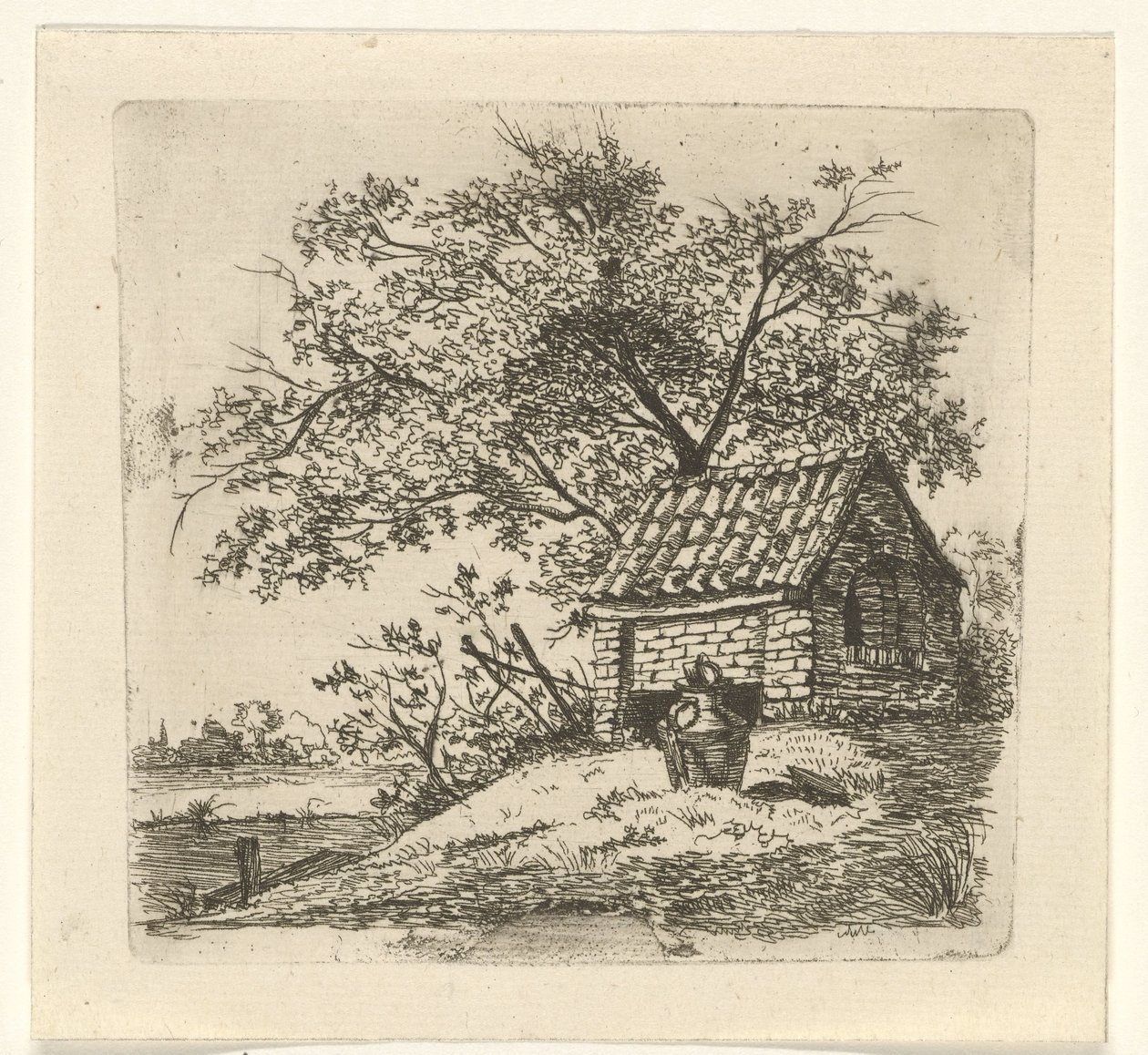 Melkemugge ved et skur av Gerrit Lamberts