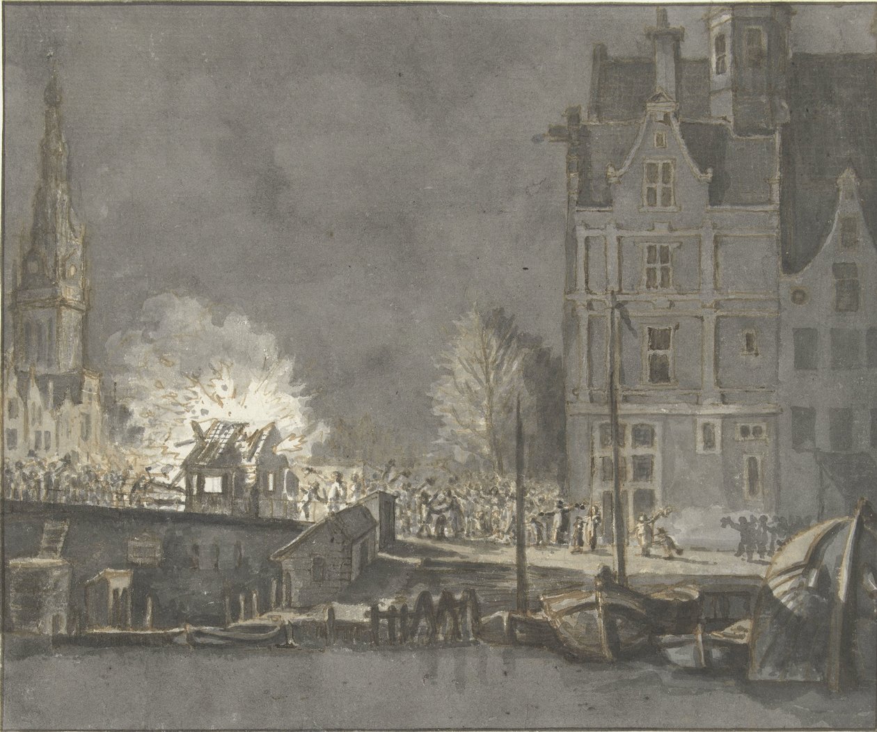 Brenning av tollhusene ved Nieuwebrug i Amsterdam av Gerrit Lamberts