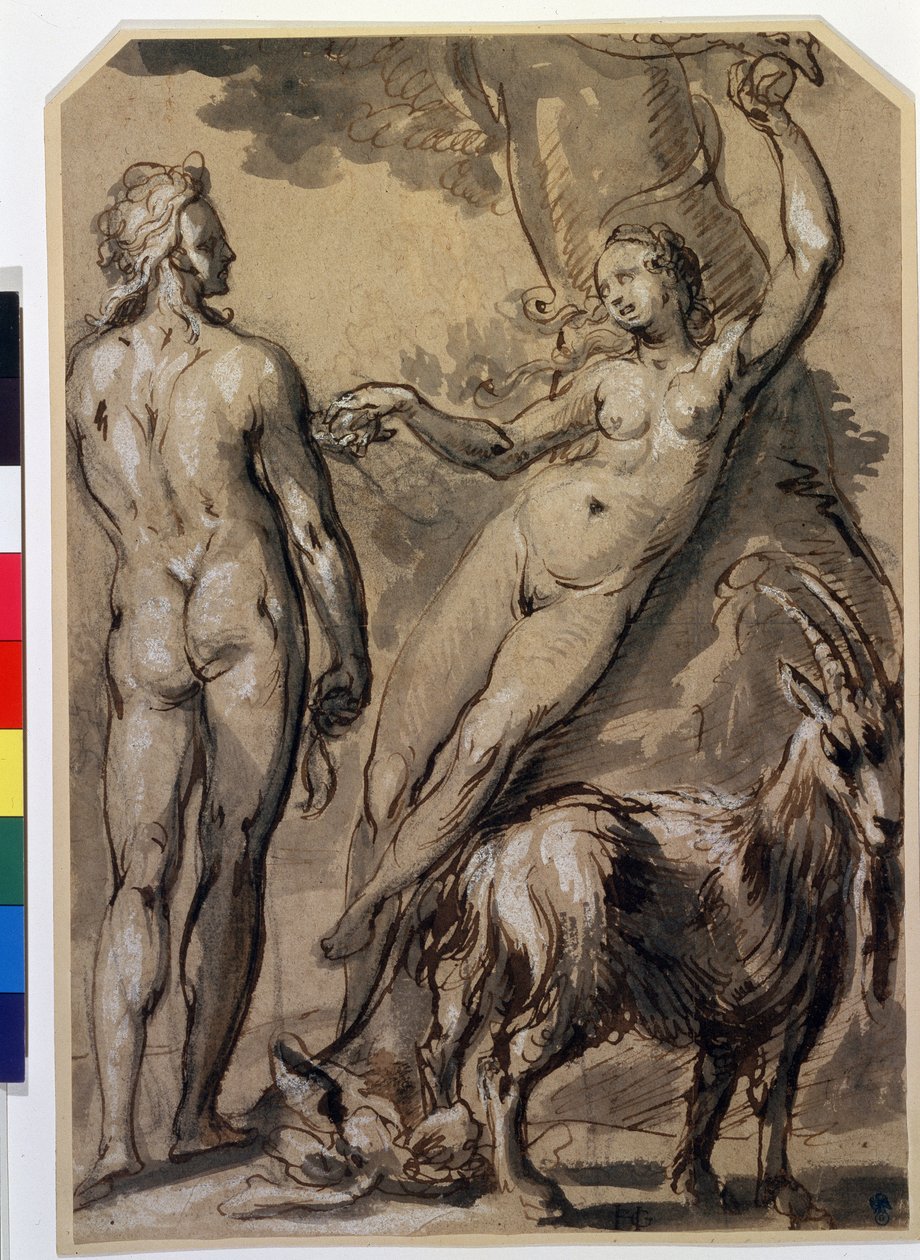 ""Adam og Eva"" Eva plukker den forbudte frukten og gir den til Adam. Pennetegning av Gerrit Pietersz (1566-ca. 1616) Sent på 1590-tallet. Pushkin-museet, Moskva av Gerrit Pietersz