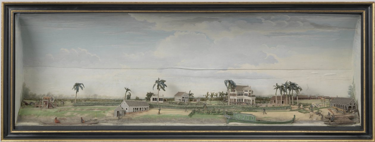 Diorama fra Zeezigt kaffe- og bomullsplantasjen i Surinam, ca. 1815-21 tre og malt papir av Gerrit Schouten