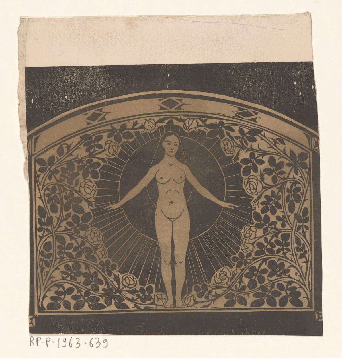 Design for rammen til en kalender fra 1901 med en kvinne og blomster av Gerrit Willem Dijsselhof