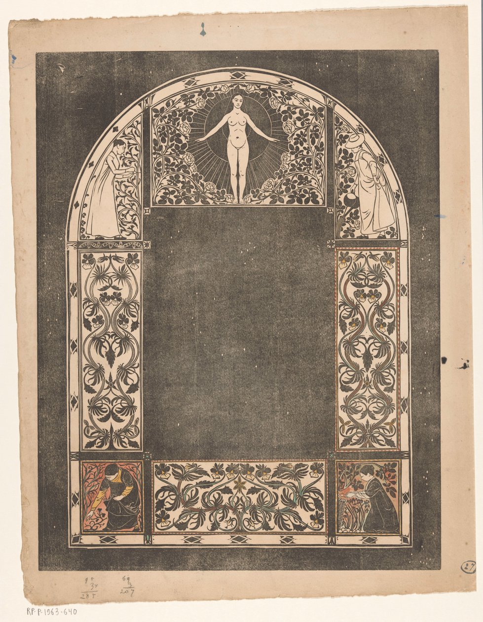 Design for rammen av en 1901-kalender med kvinner og blomster av Gerrit Willem Dijsselhof
