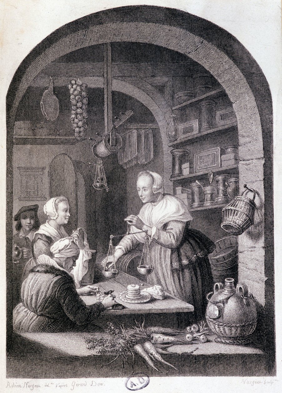 Landsbykjøpmann veier med en balanse. sd. 18. århundre av Gerrit or Gerard (after) Dou