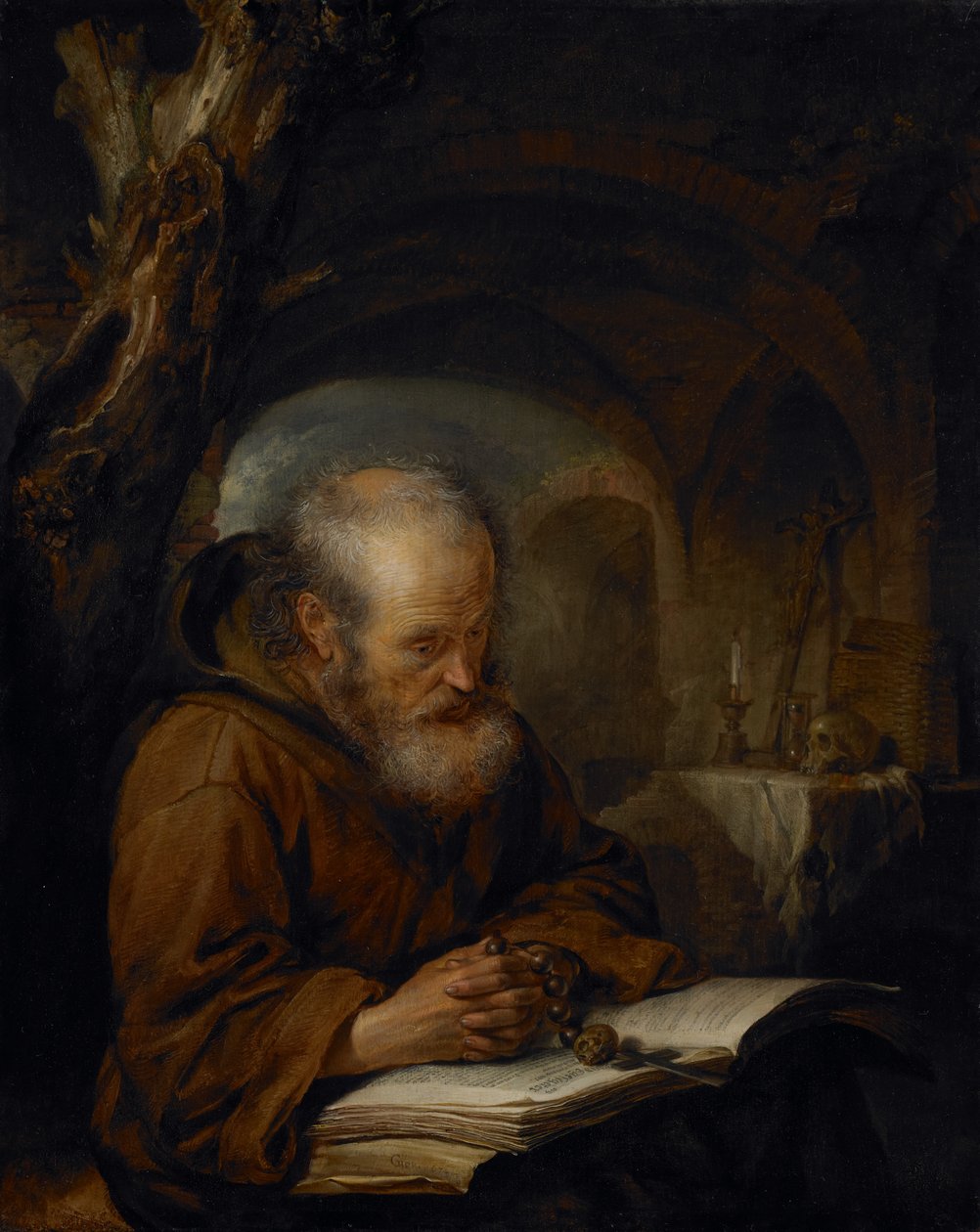 En eremitt ber, 1670 av Gerrit Dou