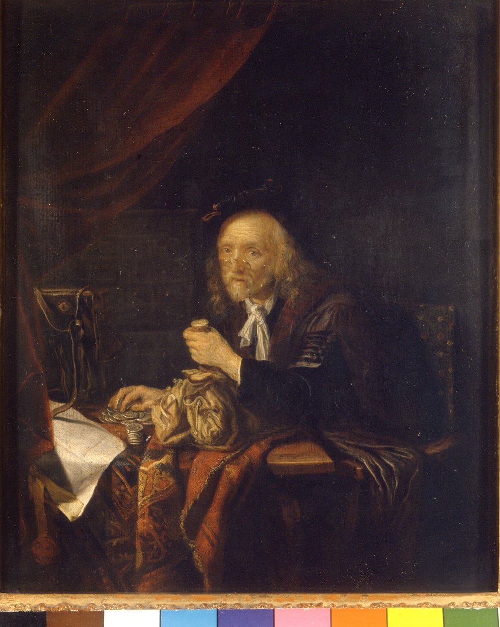 En mistroende mann teller pengene sine ved å holde en veske i hånden. Maleri av Gerard Dou (eller Gerrit Dow) (1613-1675) 1600-tallet Milan Museo del castello av Gerrit Dou