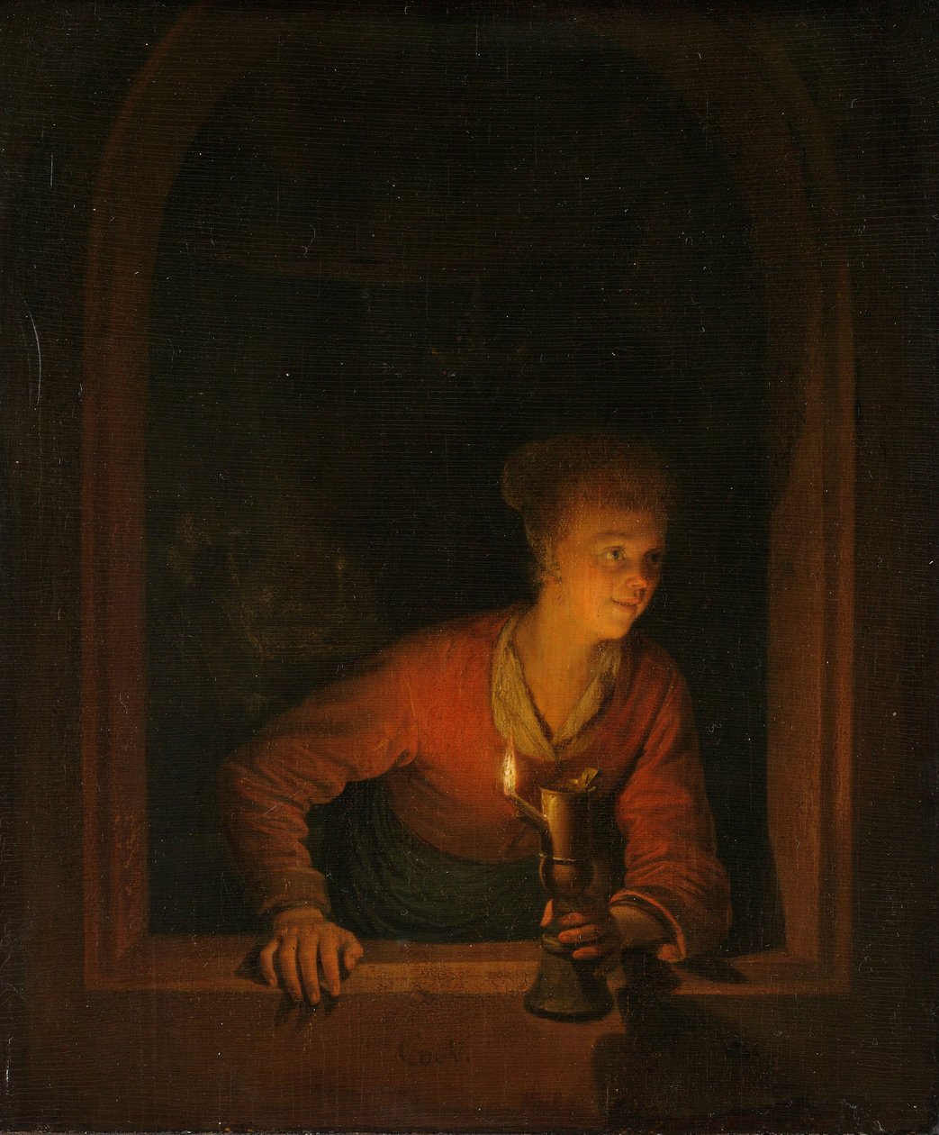 Jente med en oljelampe ved et vindu, 1645-75 av Gerrit Dou