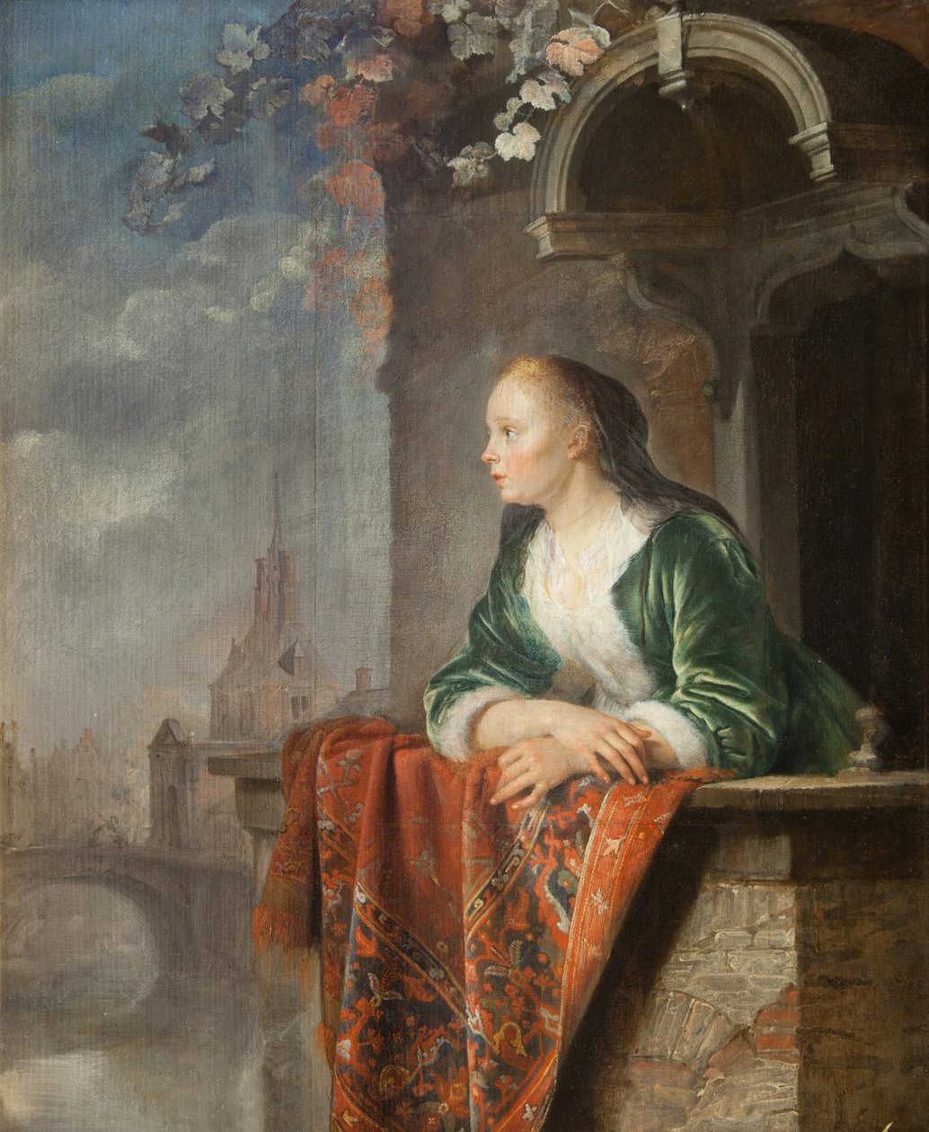 Ung kvinne på en balkong - Ung kvinne på en balkong - Gerard (Gerrit) Dou (1613-1675). Olje på lerret, ca 1665. Nasjonalgalleriet, Praha av Gerrit Dou