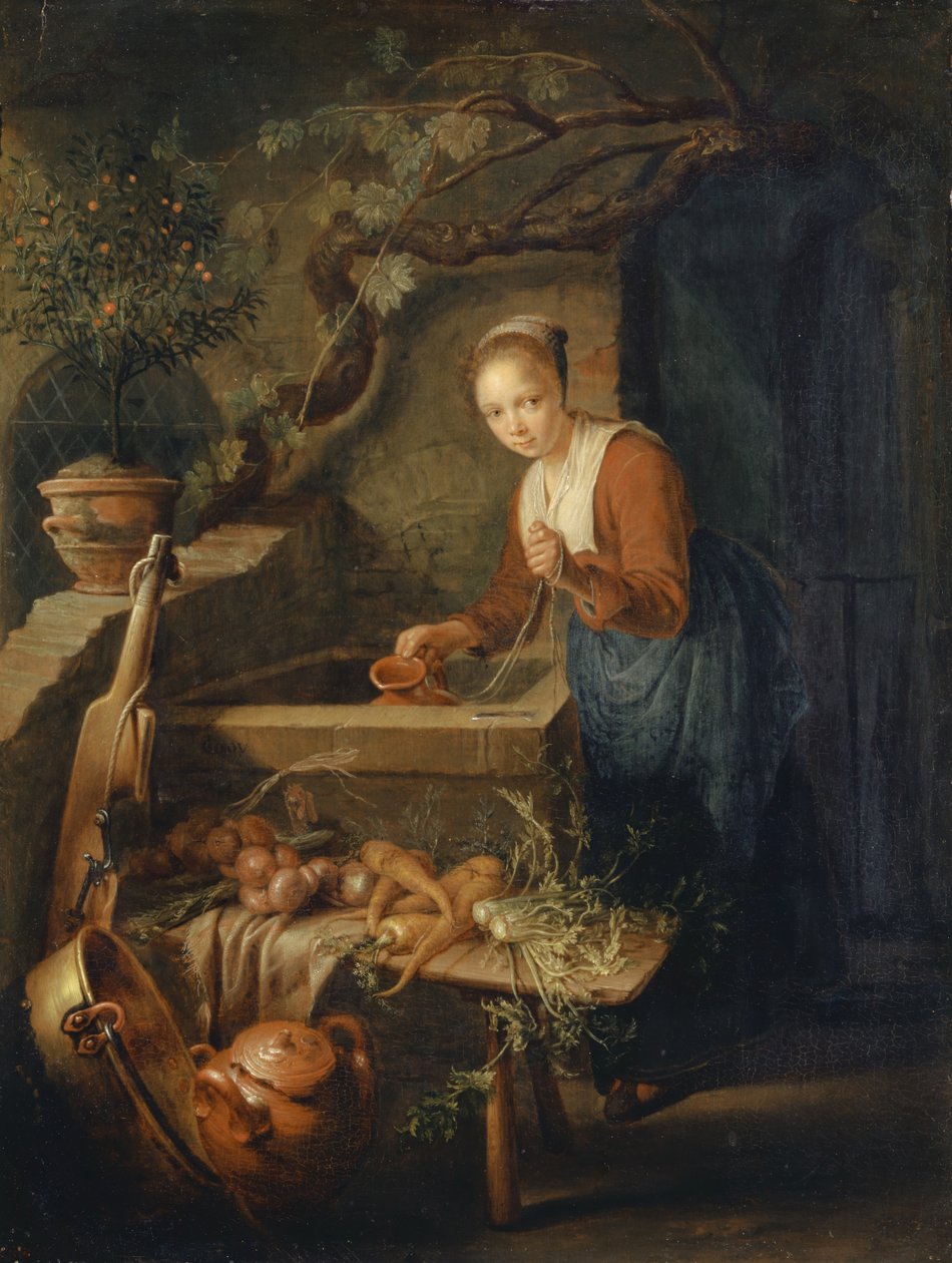 Kjøkkenhjelp ved brønnen, ca. 1650 av Gerrit Dou