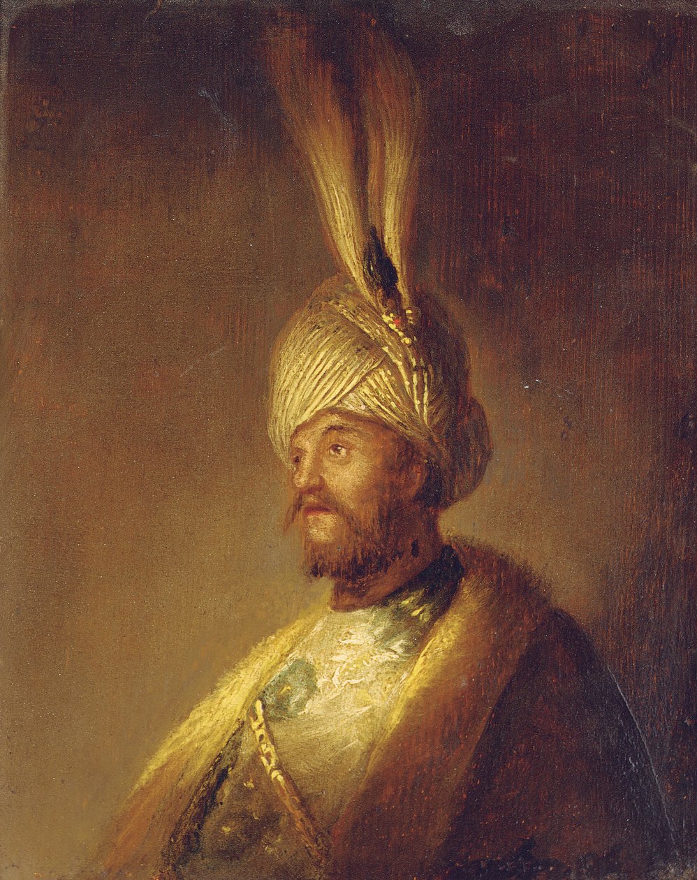 Portrett av en mann, bystelengde, i en turban med en fjær av Gerrit Dou