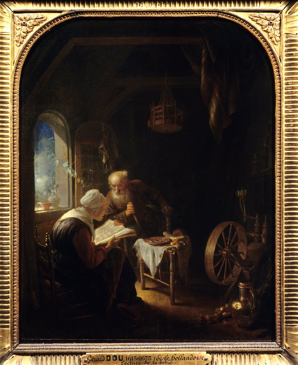 Leser Bibelen eller Anne og Tobie - Maleri av Gerard Dou (1613-1675) Ec Hol av Gerrit Dou