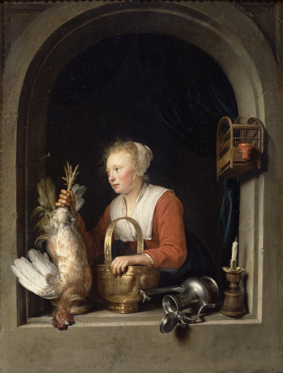 Den nederlandske husmoren eller kvinnen som henger en hane i vinduet, 1650 av Gerrit Dou