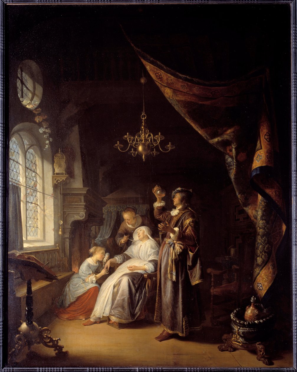 Den hydropiske kvinnen. En lege undersøker urinen til en kvinne med vatter. Maleri av Gerard Dou (1613-1675) Ec. Hol av Gerrit Dou