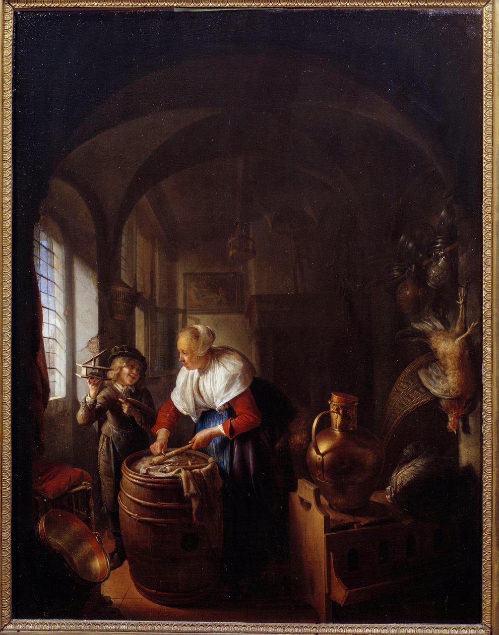 Musen. Et barn viser moren sin en musefelle. Maleri av Gerard Dou (1613-1675), Hol. av Gerrit Dou