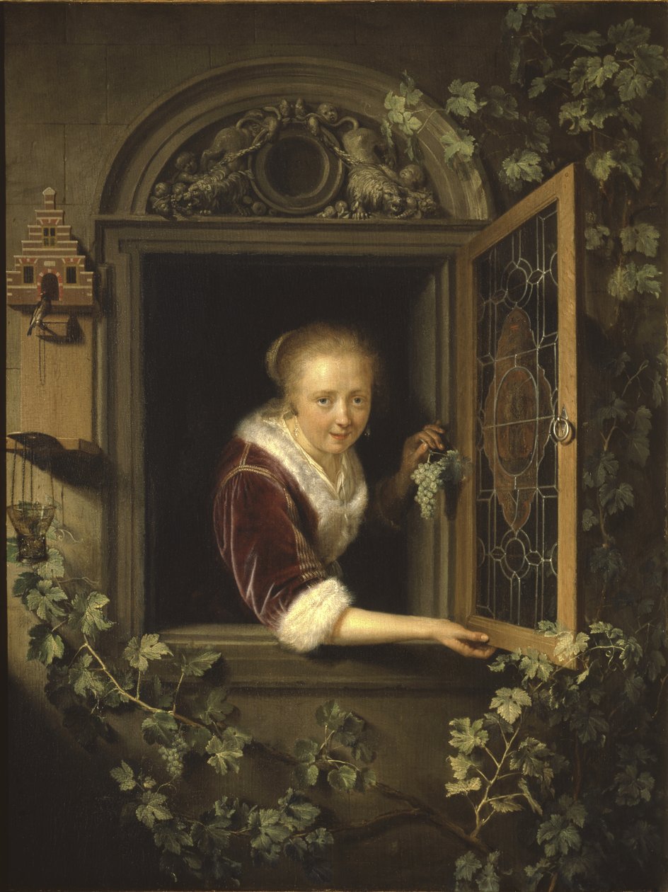 Ung kvinne ved vinduet med en klase druer, 1622 av Gerrit Dou