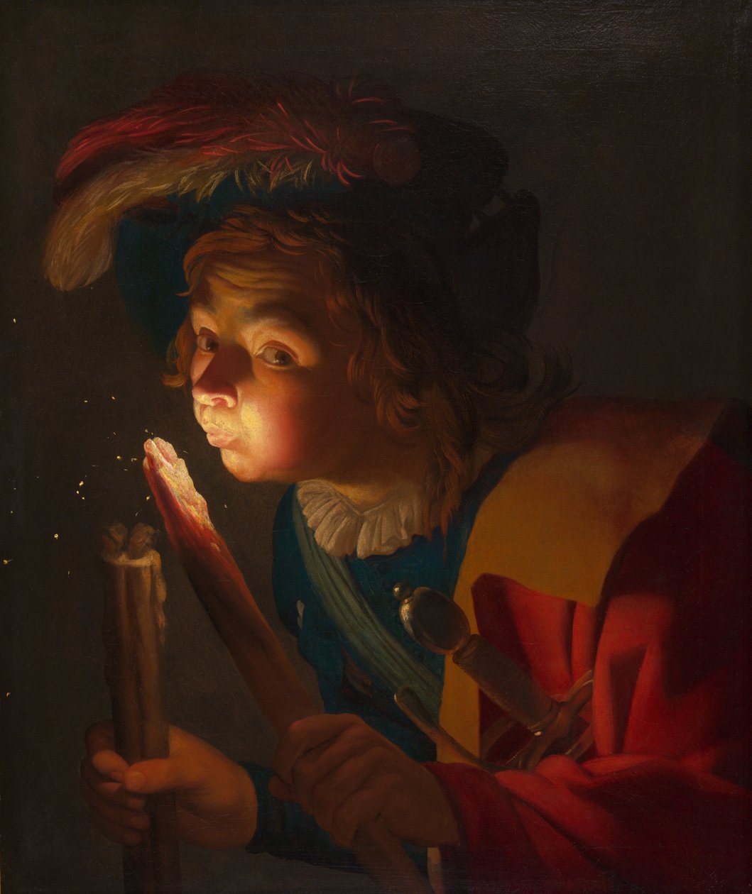 En gutt som blåser på en brann av Gerrit van Honthorst