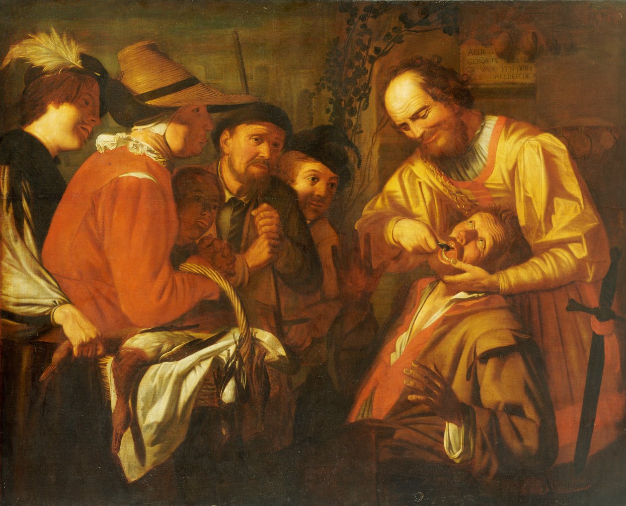 En kvakksalver tannlege trekker ut en tann, mens en gruppe tilskuere ser på i nærheten av Gerrit van Honthorst