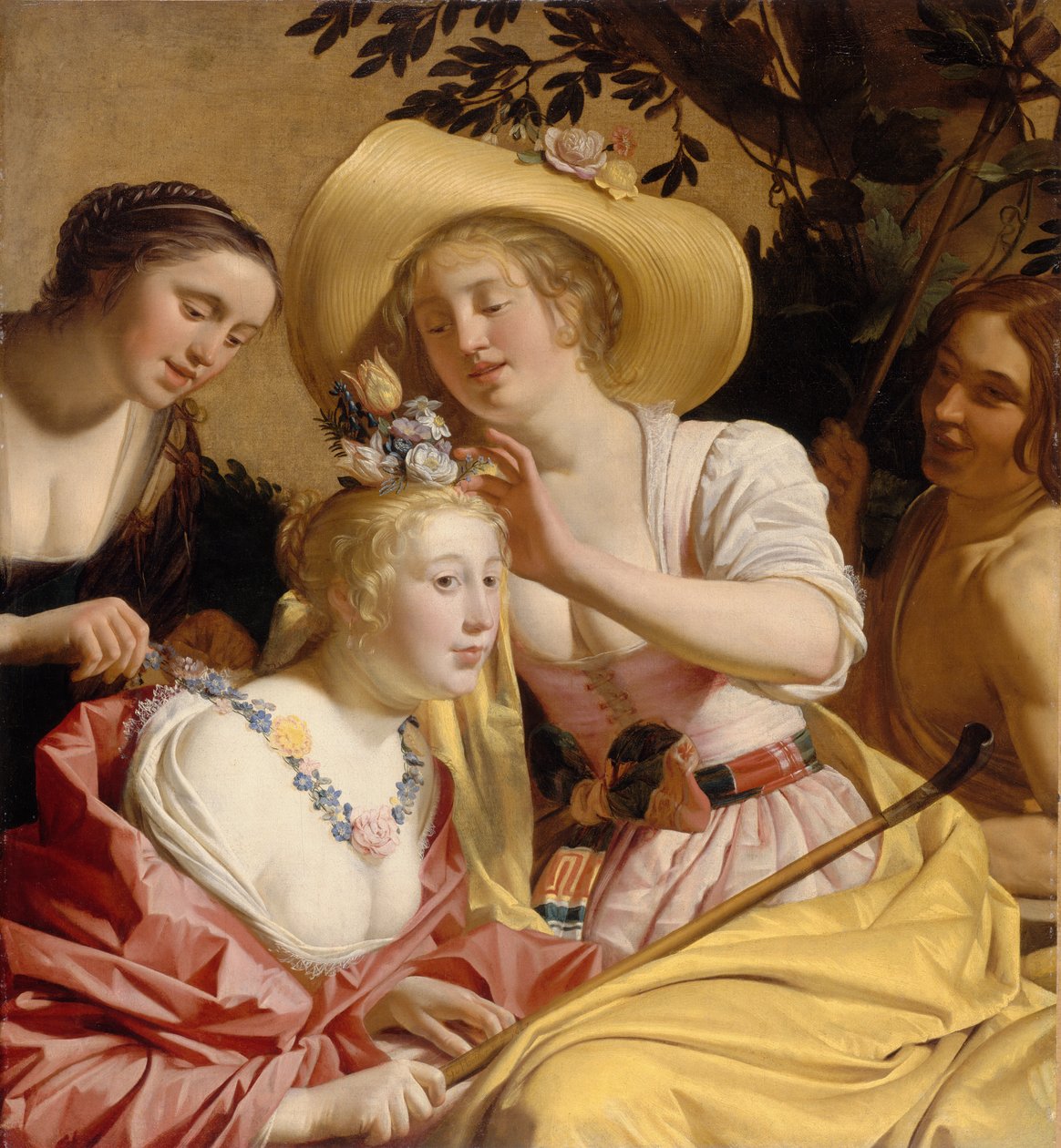 En gjeterinne prydet med blomster av Gerrit van Honthorst