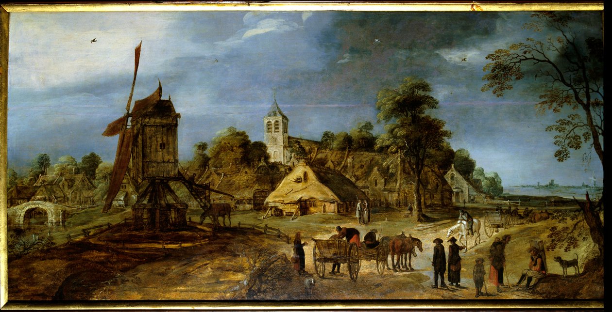 En landsbygate nederlandsk landskap med mølle. Maleri av Gerrit Van Honthorst (1590-1656) 1600-tallet. Riom, Musee Francisque Mandet av Gerrit van Honthorst