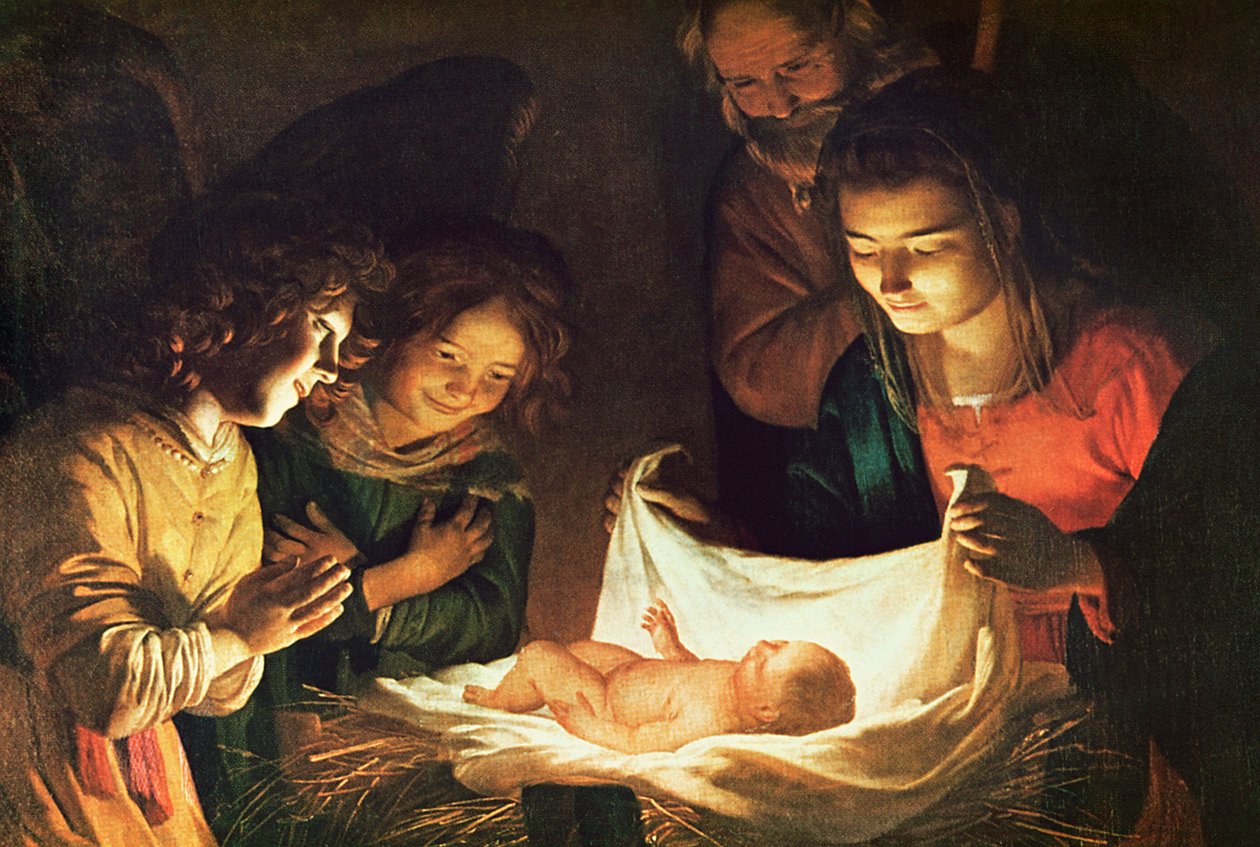 Tilbedelse av babyen, ca. 1620 av Gerrit van Honthorst