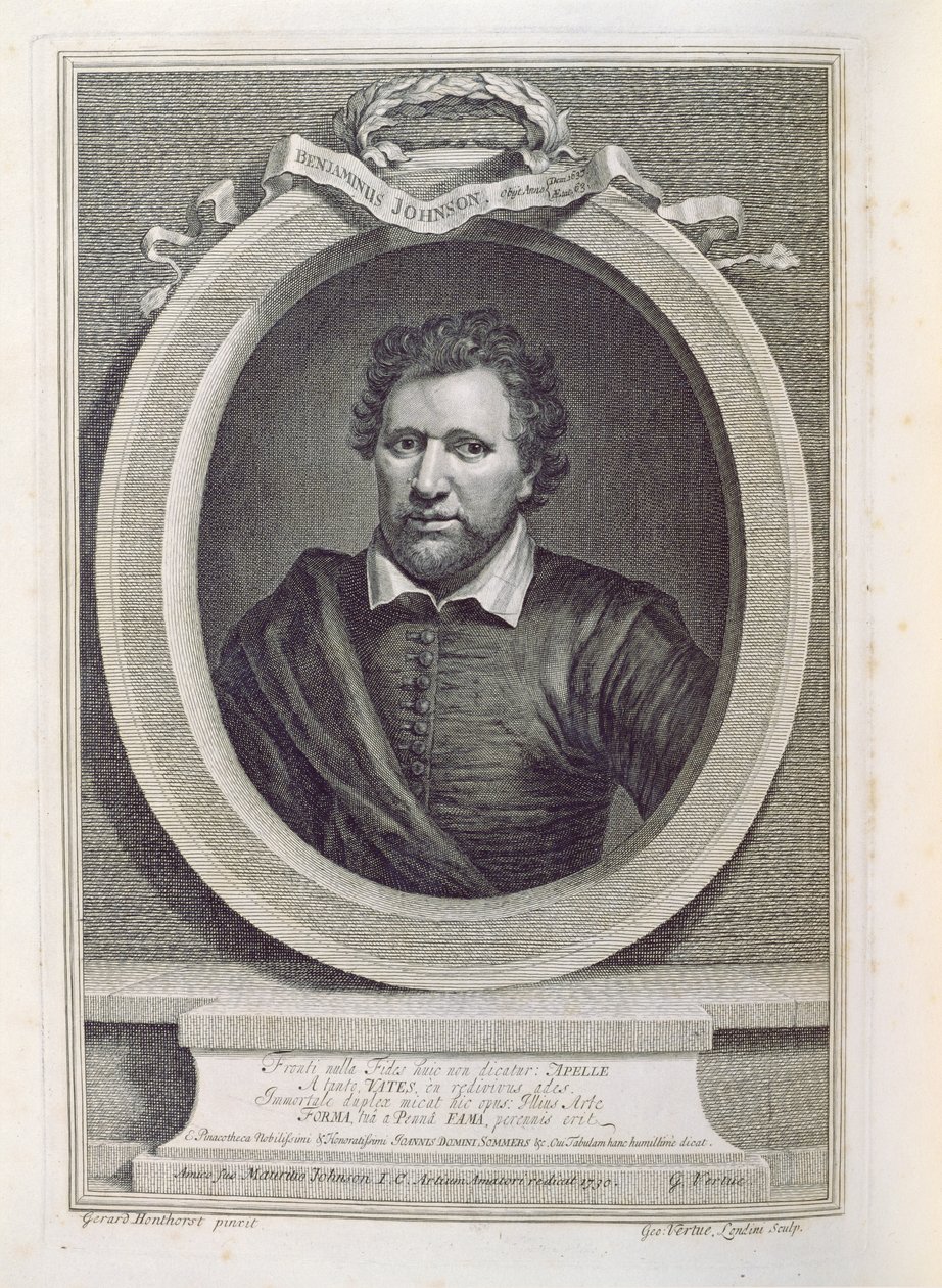 Ben Jonson (1573-1637), gravert av George Vertue (1684-1756), 1730 av Gerrit van Honthorst