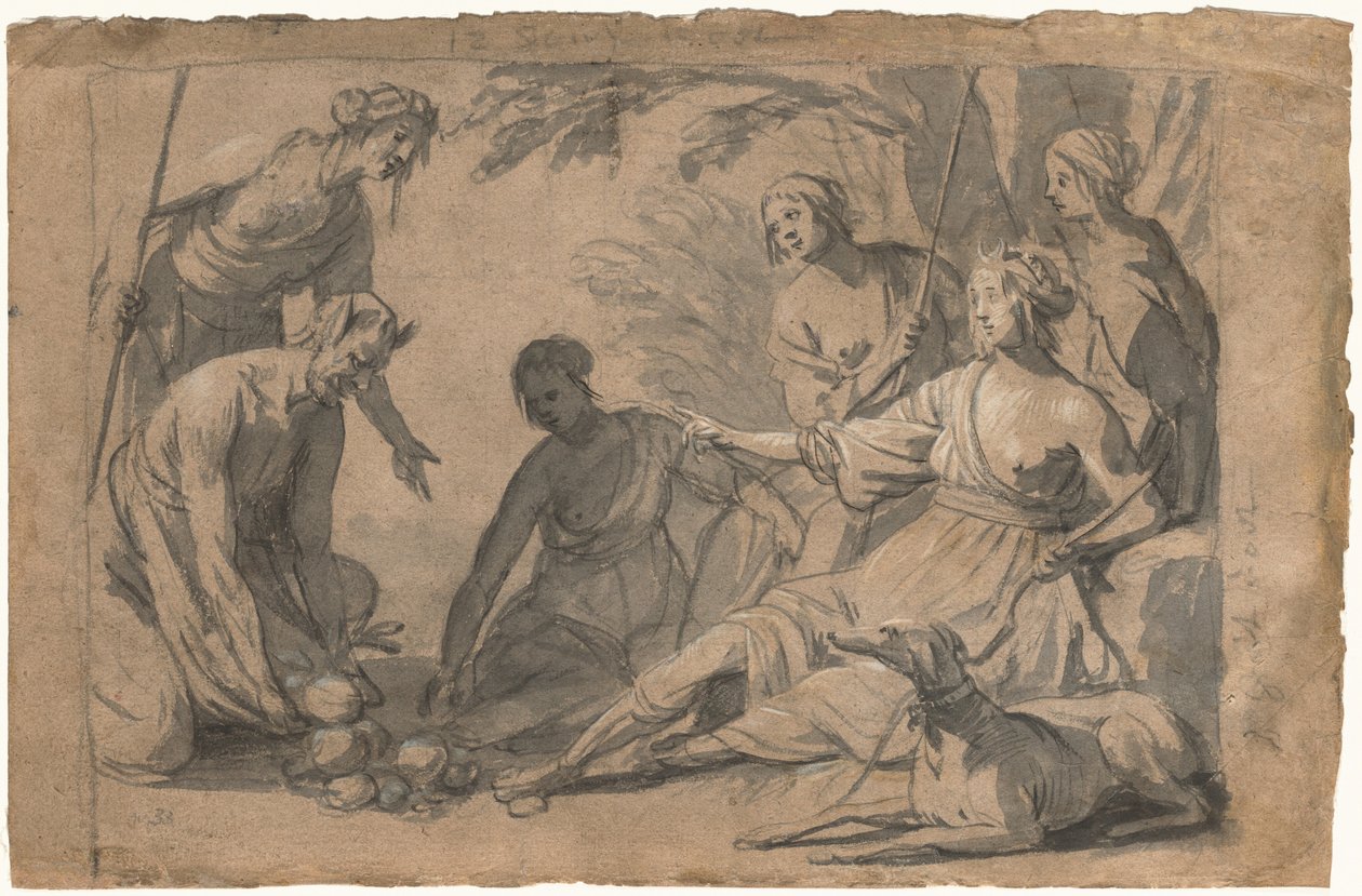 Diana og fire nymfer mottar gaver fra en satyr av Gerrit van Honthorst