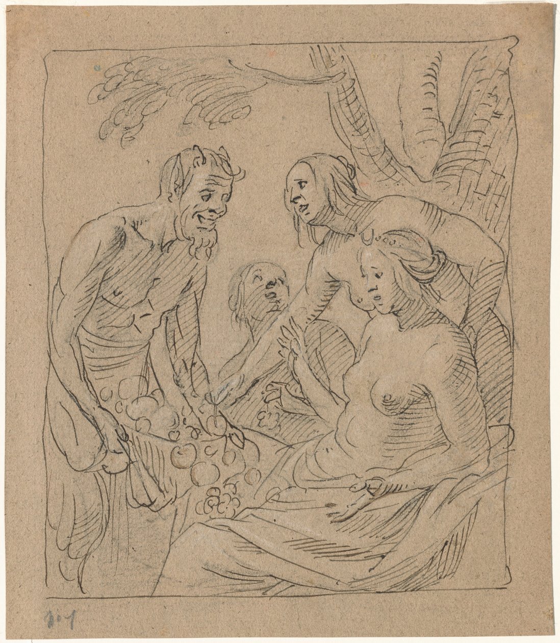 Diana og to nymfer mottar gaver fra en satyr (recto) av Gerrit van Honthorst