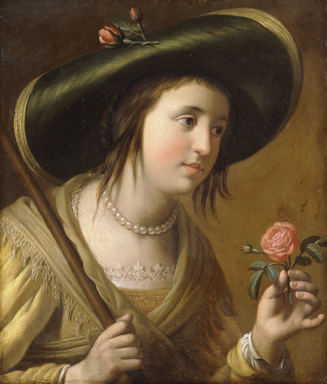 Portrett av prinsesse Elizabeth II van de Palts som en gjeterinne, bystelengde, med en rose, av Gerrit van Honthorst
