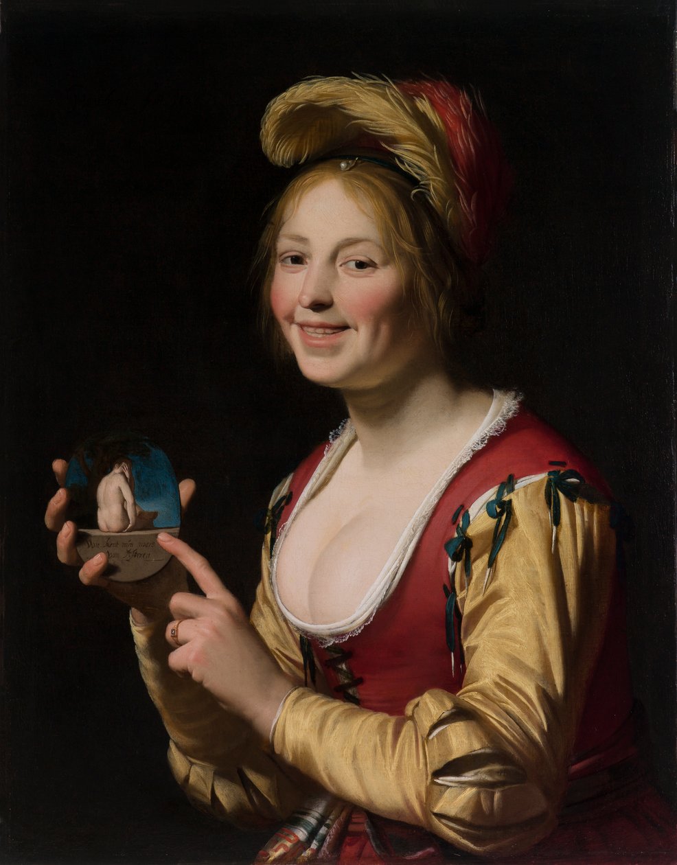 Smilende jente, en kurtisane, holder et obskønt bilde av Gerrit van Honthorst