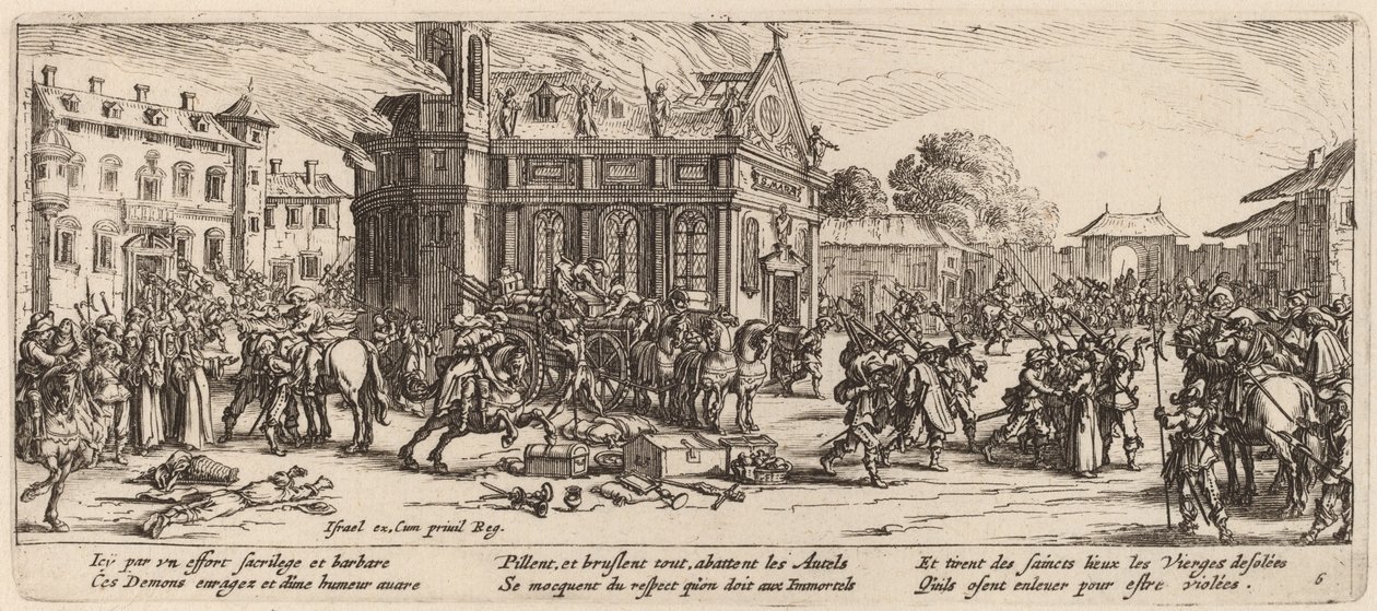 Ødeleggelse av et kloster av Gerrit van Schagen after Jacques Callot