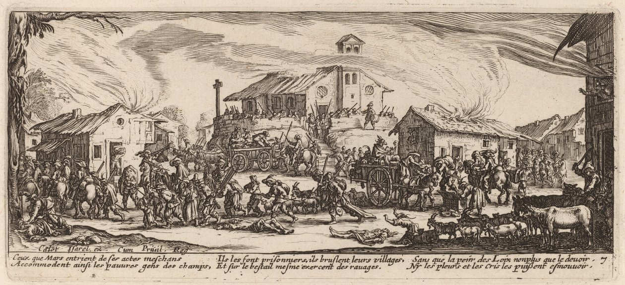 Plyndre og brenne en landsby av Gerrit van Schagen after Jacques Callot