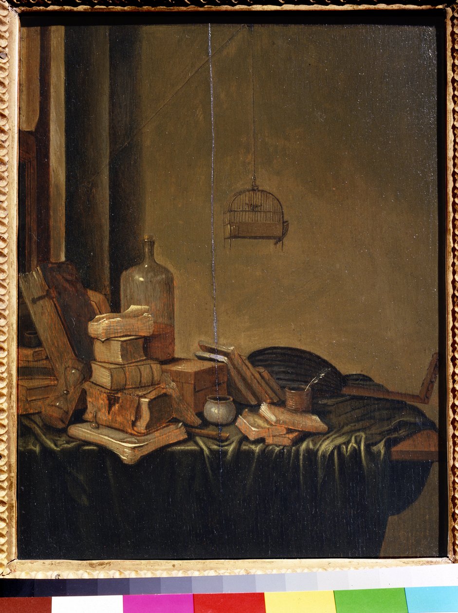 Stilleben med bøker. Maleri av Gerrit van Vucht (1600 eller 1620- ca. 1697). Olje på tre, 34 x 28 cm. nederlandsk skole fra 1600-tallet. Pushkin Museum of Fine Arts, Moskva. av Gerrit van Vucht