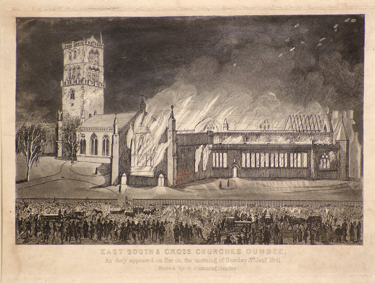 East, South & Cross Churches, Dundee, slik de dukket opp i brann søndag 3. januar 1841, ca. 1841 (radering) av Gershom Gourlay Cumming
