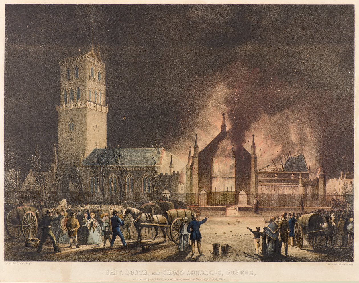 East, South og Cross Churches, Dundee, slik de dukket opp i brann søndag 3. januar 1841, ca. 1841 (litografi) av Gershom Gourlay Cumming