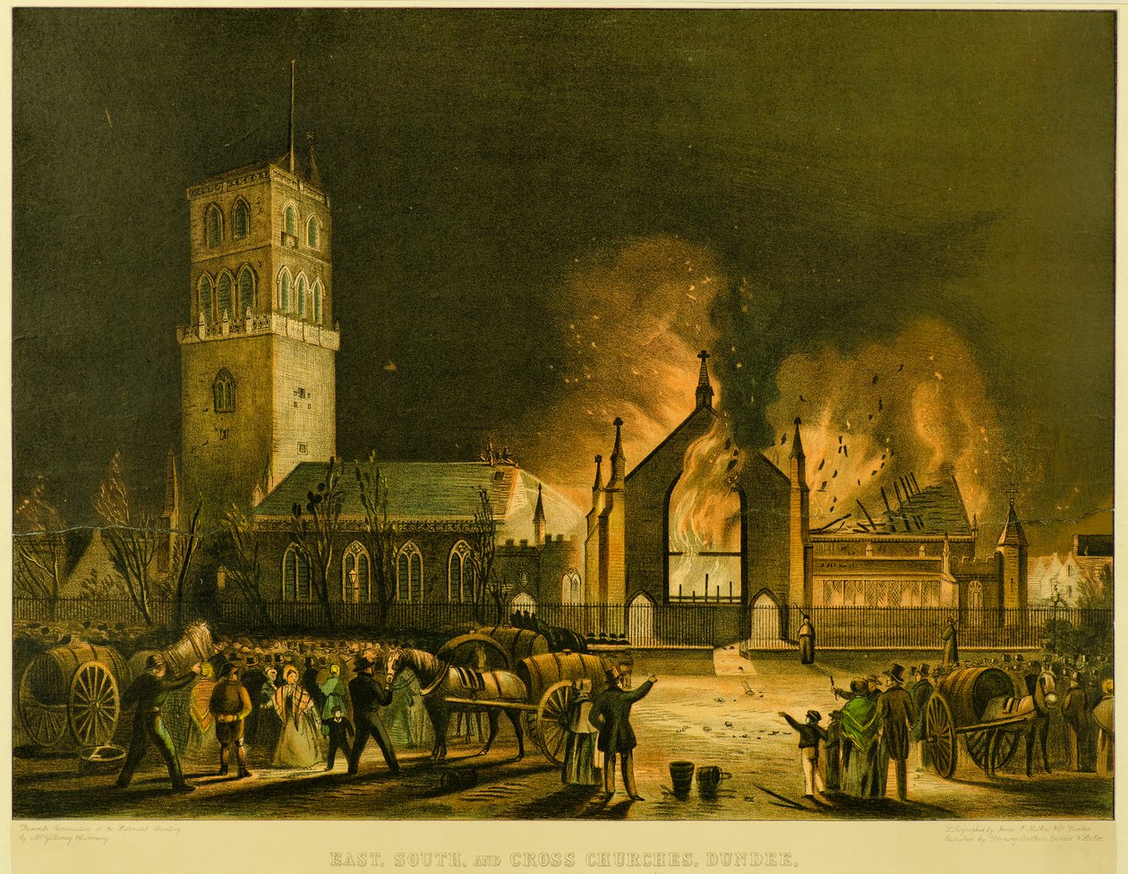 East, South og Cross Churches, Dundee [som de dukket opp i brann om morgenen søndag 3. januar 1841] (etter George McGillivray), ca. 1841 (litografi) av Gershom Gourlay Cumming
