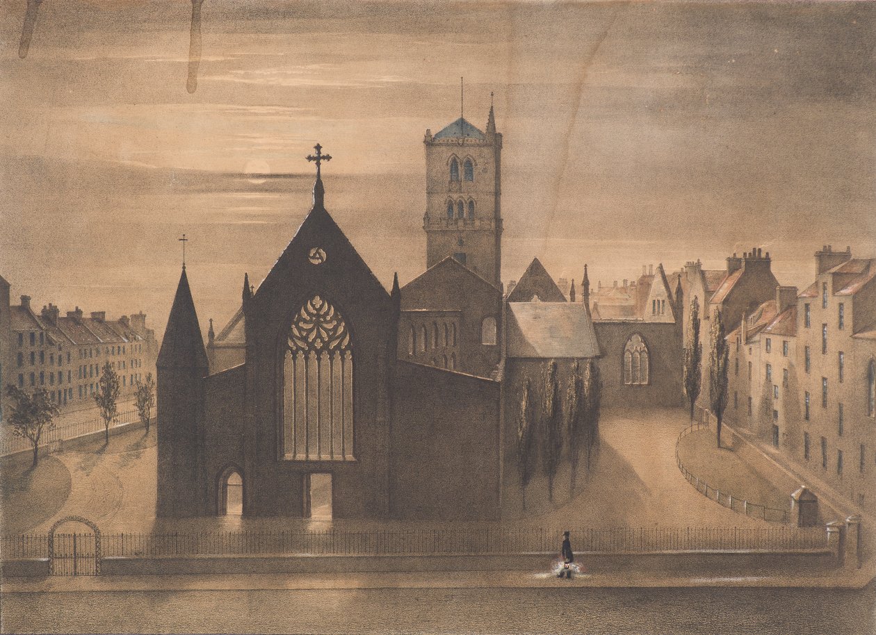 Moonlight View of East and Cross Churches, Dundee slik de dukket opp etter brannen den 3. januar, ca. 1841 (litografi) av Gershom Gourlay Cumming