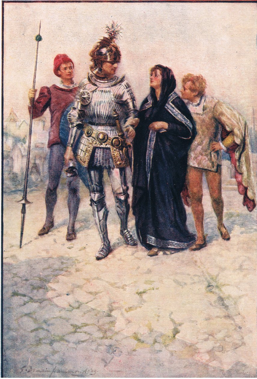 Prins Arthur leder Belge og hennes sønner inn i slottet, Stories from the Faerie Queen utgitt av George Harrap and Company av Gertrude E. Demain (after) Hammond