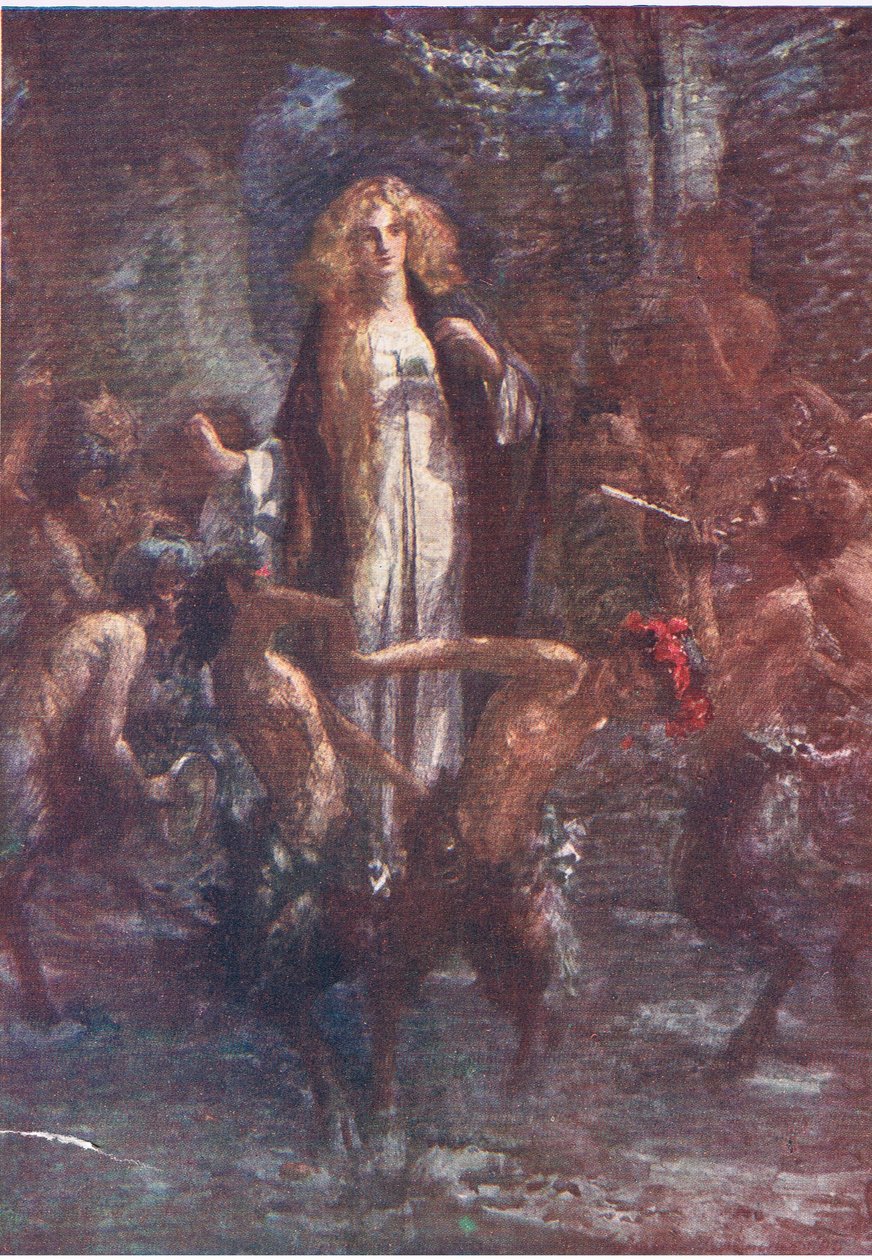 Satyrene danset rundt henne i glede, Stories from the Faerie Queen utgitt av George Harrap and Company av Gertrude E. Demain (after) Hammond