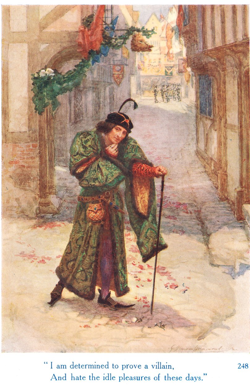 "Jeg er fast bestemt på å bevise en skurk, og hater de ledige gledene i disse dager", illustrasjon fra "Shakespeares historier om de engelske kongene", utgitt av George Harrap & Son av Gertrude E. Demain Hammond