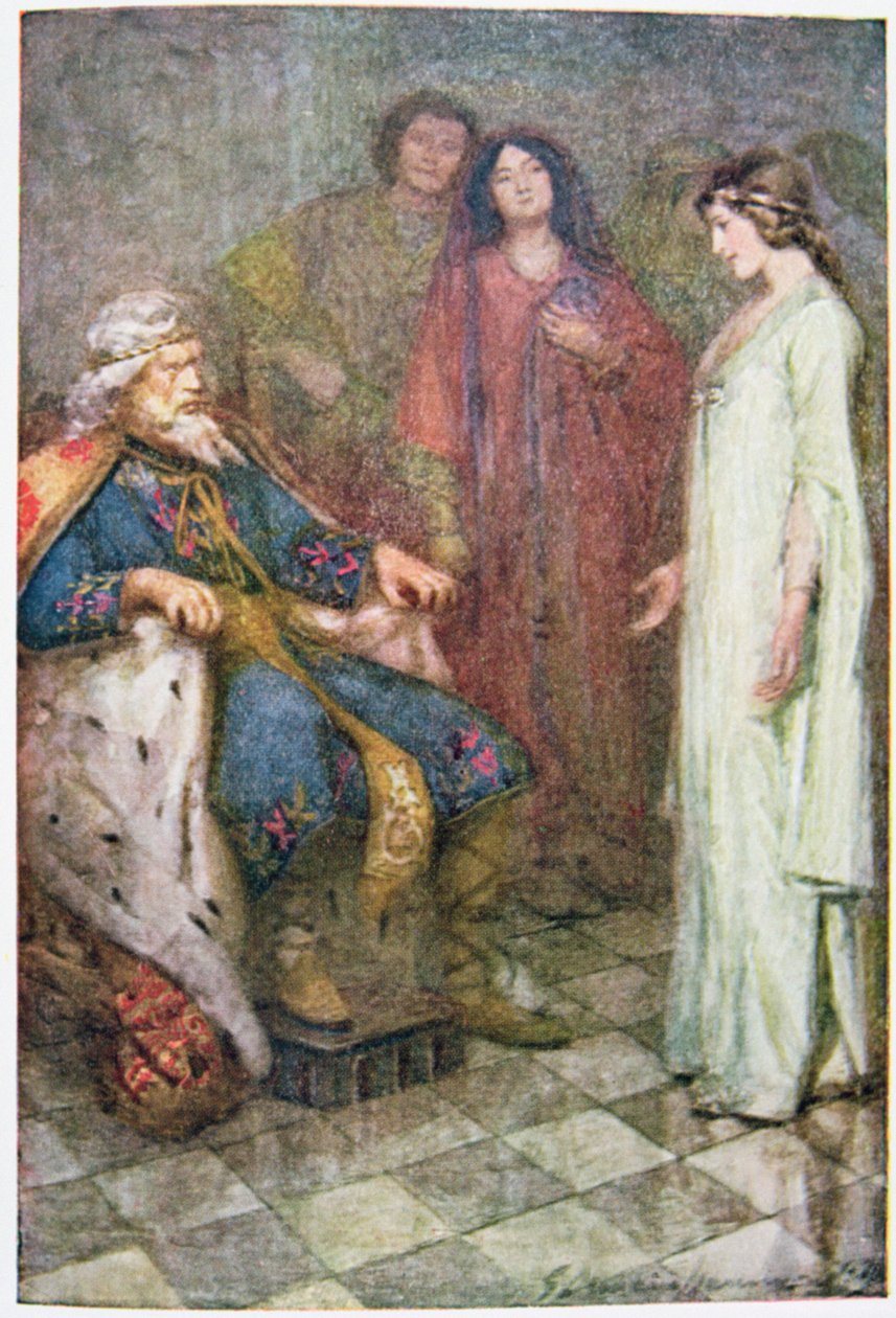 Nothing my Lord, illustrasjon fra "King Lear" i "Stories from Shakespeare: Retold by Thomas Carter" publisert ca. 1910 (litho i farger) av Gertrude E. Demain Hammond