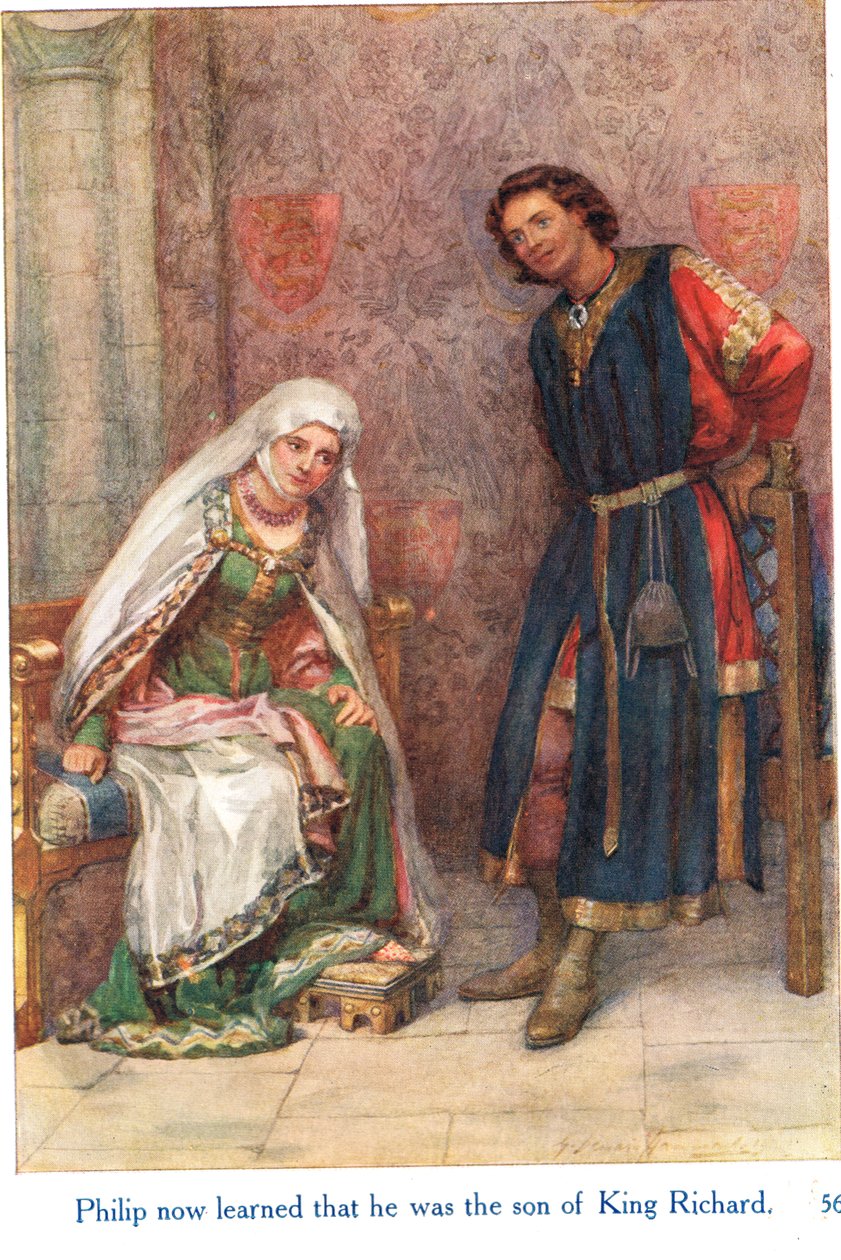 Philip fikk nå vite at han var sønn av kong Richard, illustrasjon fra "Shakespeares historier om de engelske kongene", utgitt av George Harrap & Son av Gertrude E. Demain Hammond