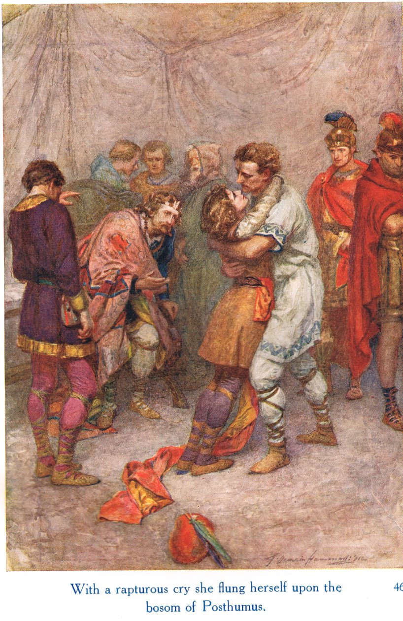"Med et henrykt rop kastet hun seg over brystet til Posthumus", illustrasjon fra "Shakespeares historier om de engelske kongene", utgitt av George Harrap & Son av Gertrude E. Demain Hammond