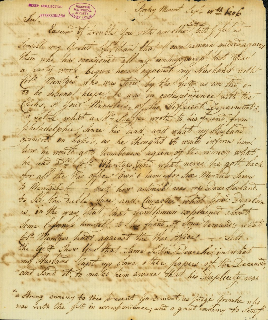 Brev signert Gertrude Joan Senf, Rocky Mount, til Thomas Jefferson, 11. september 1806 av Gertrude Joan Senf