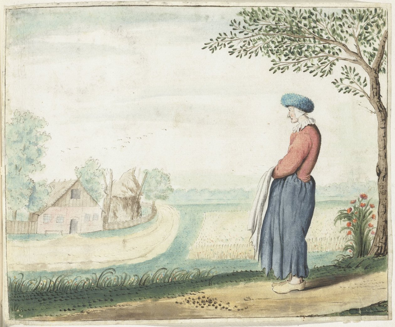 Bondekvinne i et landskap av Gesina ter Borch (signed by artist)