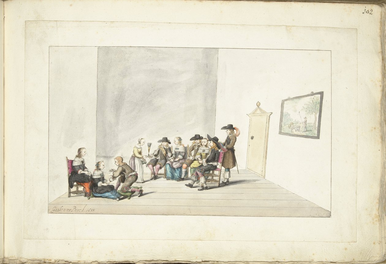 Selskap på ti ungdommer i et interiør av Gesina ter Borch (signed by artist)