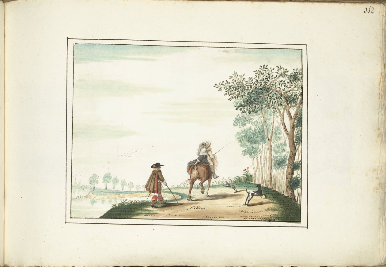 Herre og dame til hest og en fotgjenger i et landskap av Gesina ter Borch (signed by artist)