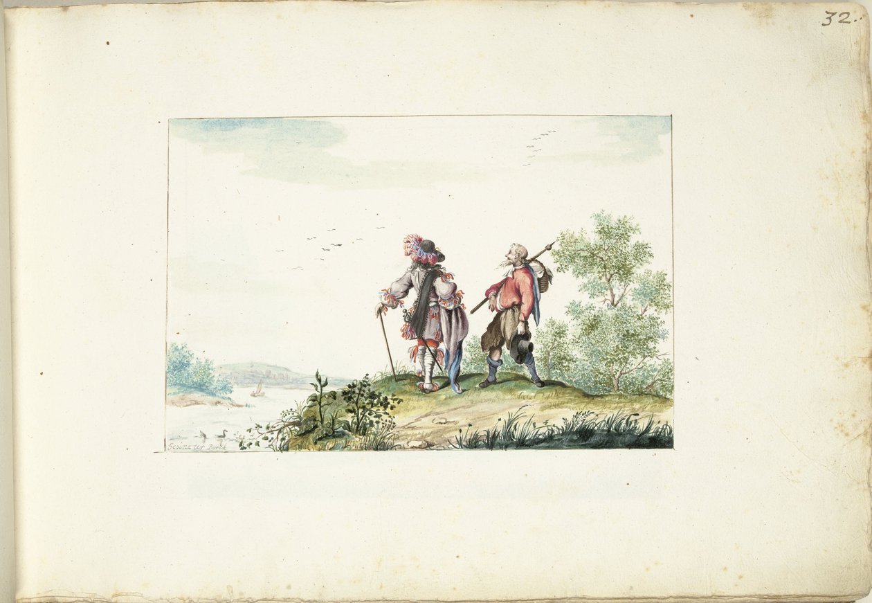 Herre og vandrer i et landskap av Gesina ter Borch (signed by artist)