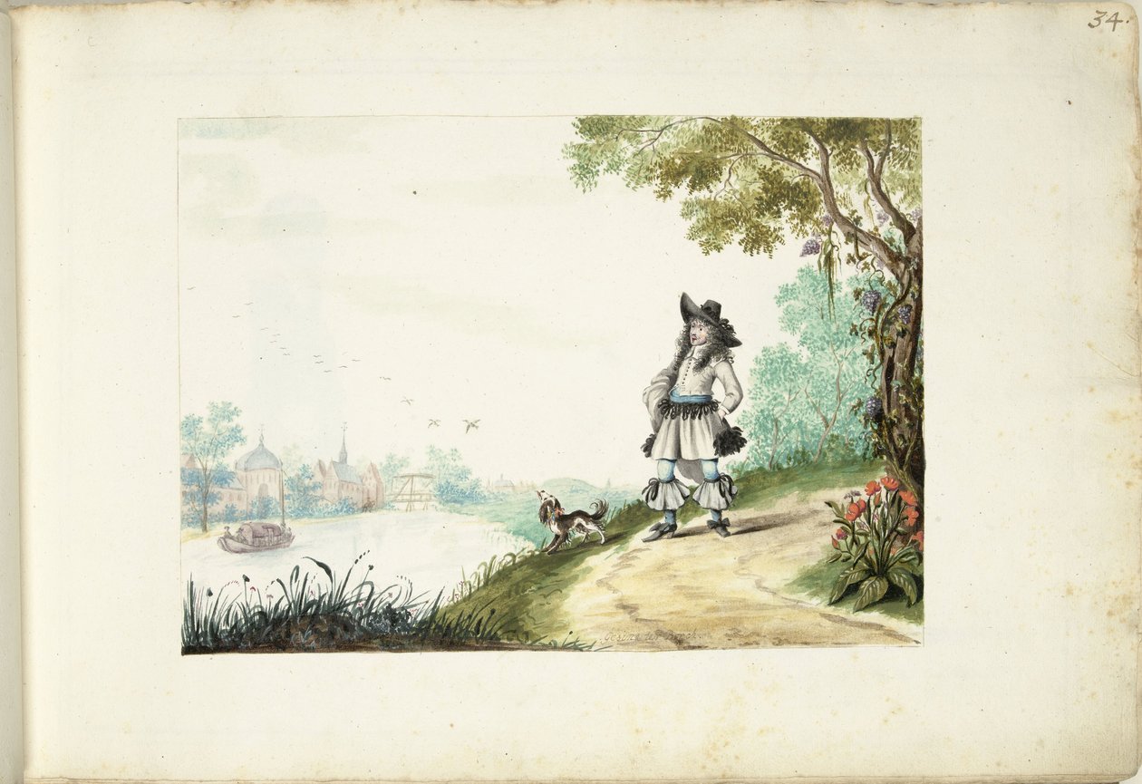 Herre går langs en elv av Gesina ter Borch (signed by artist)