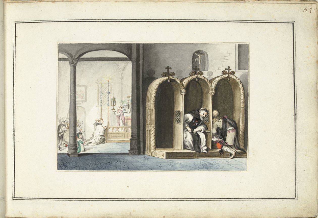 Kirkeinteriør med skriftestol av Gesina ter Borch (signed by artist)