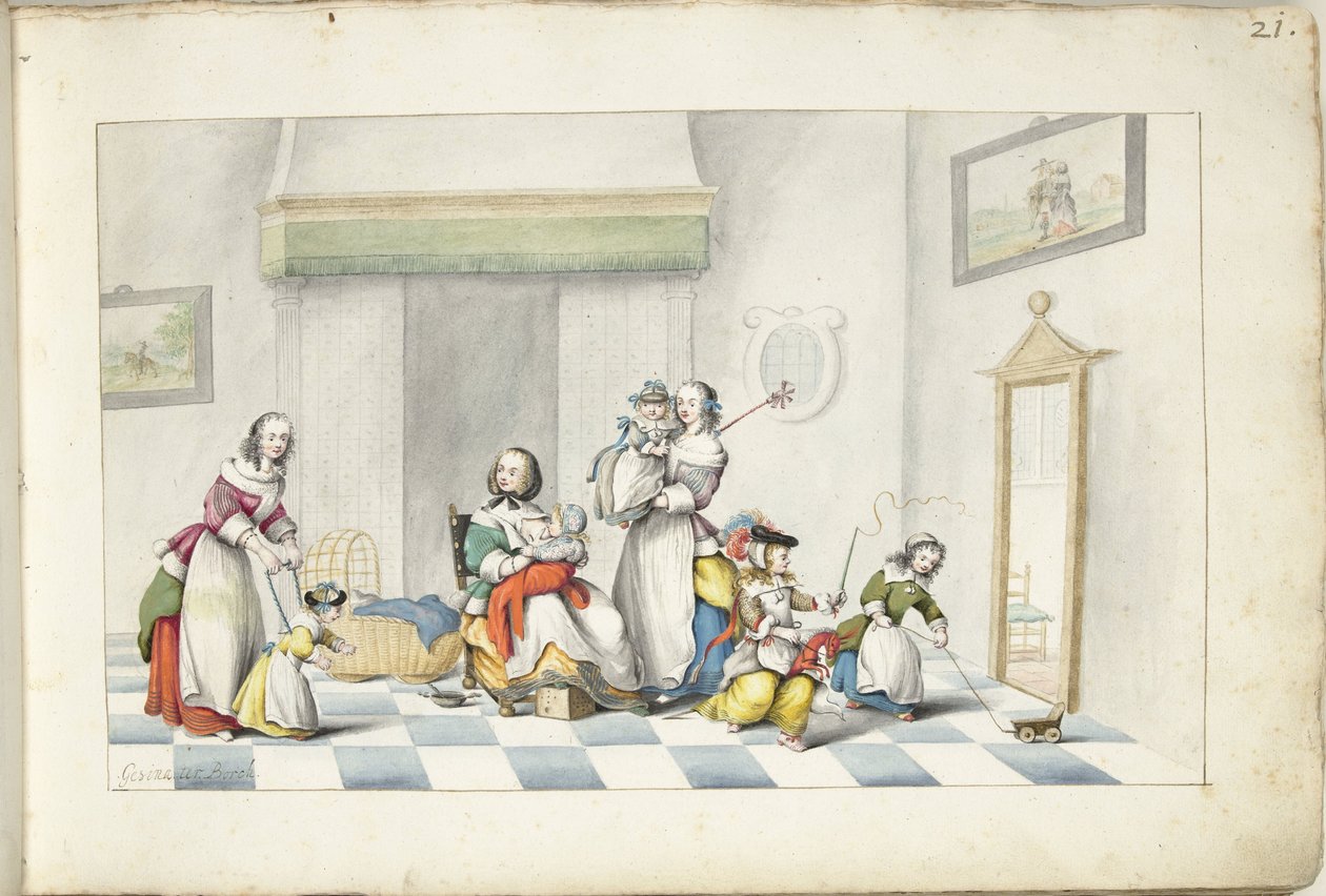Barnerom med tre kvinner og barn av Gesina ter Borch (signed by artist)
