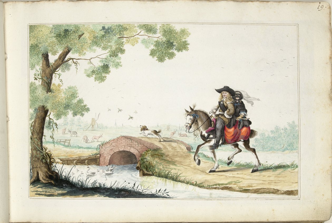 Mann og maskert kvinne på hesteryggen av Gesina ter Borch (signed by artist)